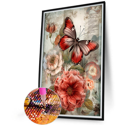 Vintage Butterfly And Peony - Full Round Drill Diamond Painting 40*60CM