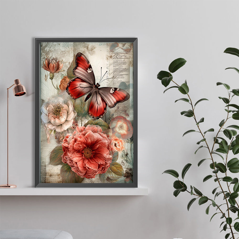 Vintage Butterfly And Peony - Full Round Drill Diamond Painting 40*60CM