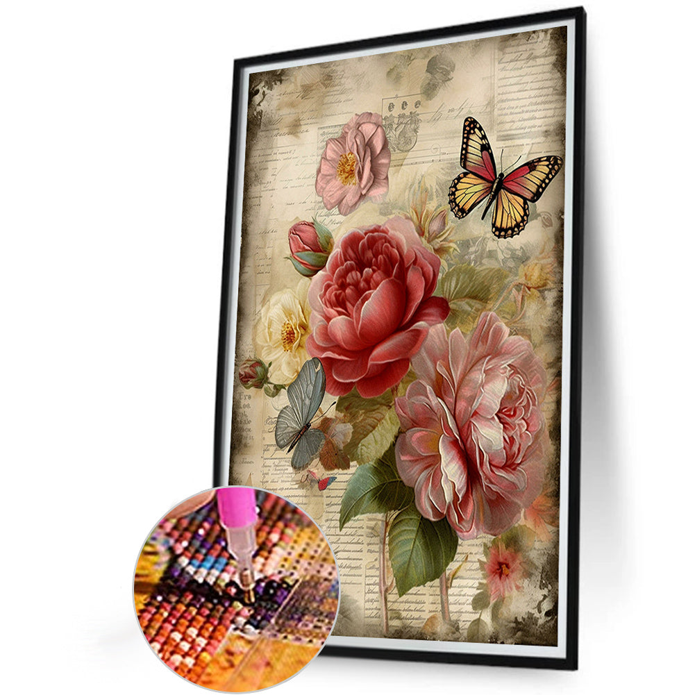 Vintage Butterflies And Peonies - Full Round Drill Diamond Painting 40*60CM
