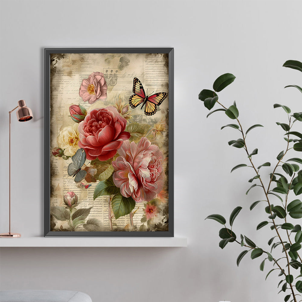Vintage Butterflies And Peonies - Full Round Drill Diamond Painting 40*60CM