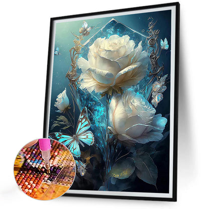 White Roses And Butterflies - Full Round Drill Diamond Painting 30*40CM