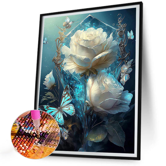 White Roses And Butterflies - Full Round Drill Diamond Painting 30*40CM