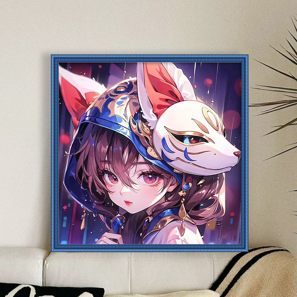 Cartoon Fox Mask Girl - 11CT Stamped Cross Stitch 50*50CM