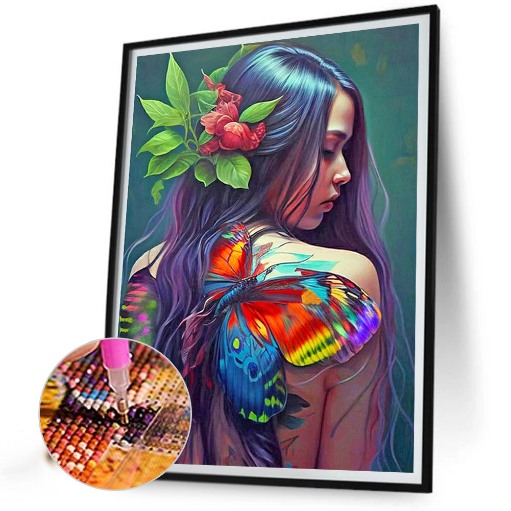 Girl With Painted Butterfly On Back - Full Round Drill Diamond Painting 40*50CM