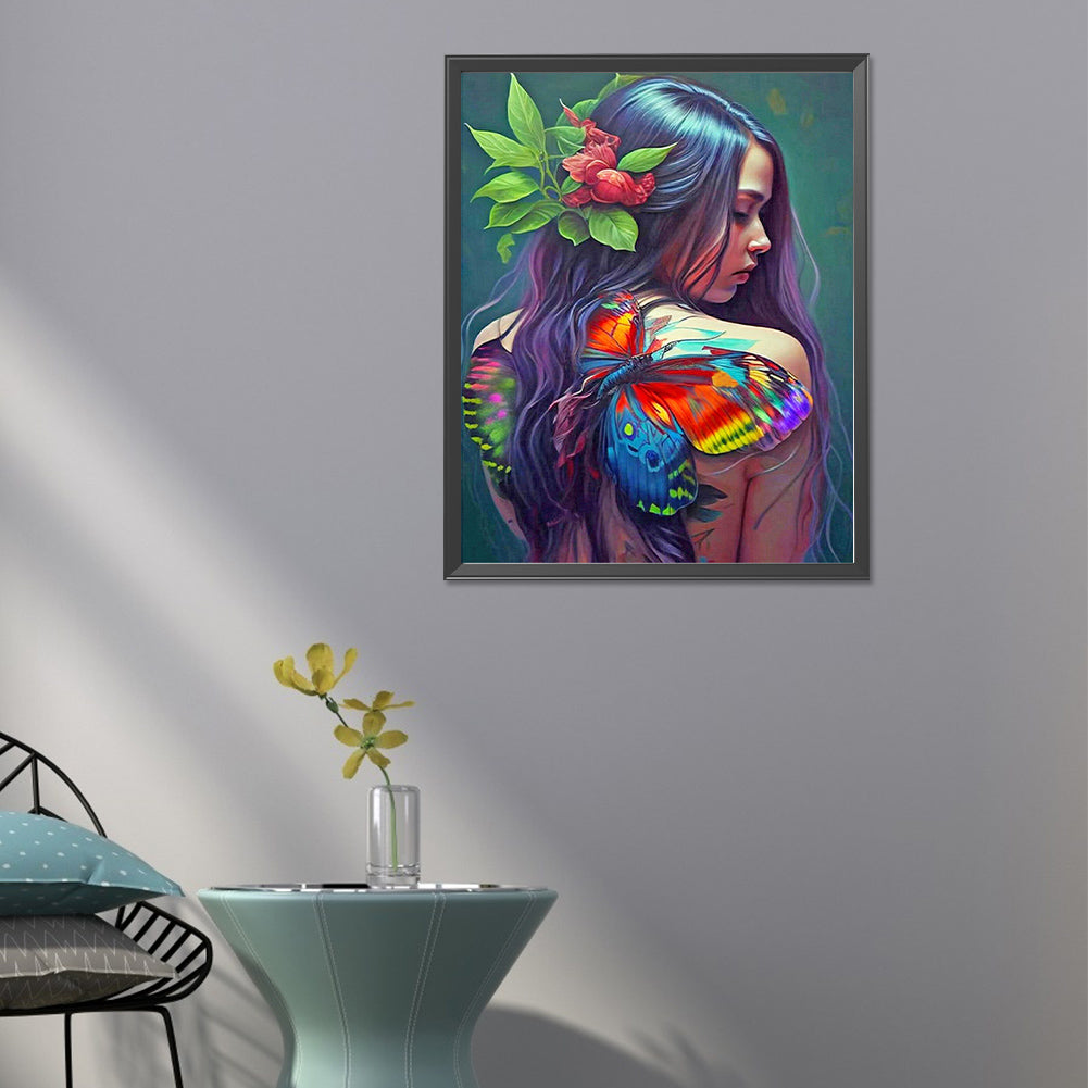 Girl With Painted Butterfly On Back - Full Round Drill Diamond Painting 40*50CM