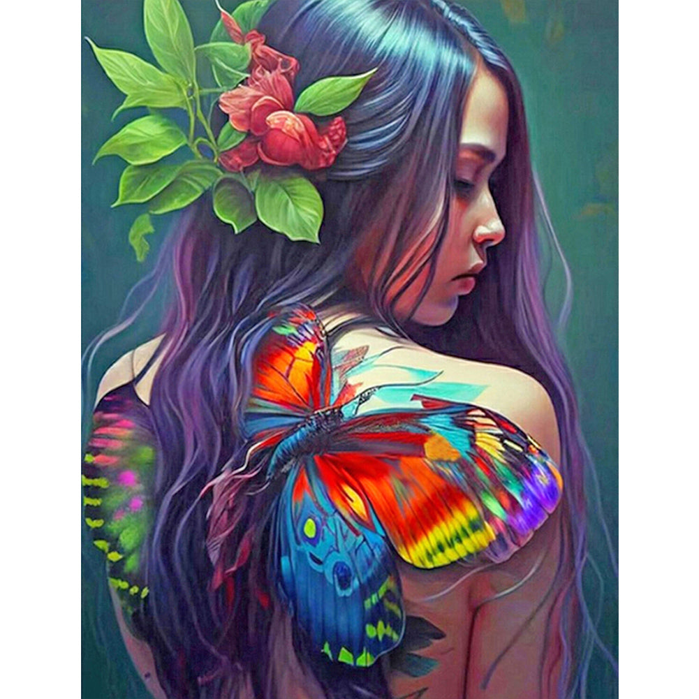 Girl With Painted Butterfly On Back - Full Round Drill Diamond Painting 50*60CM