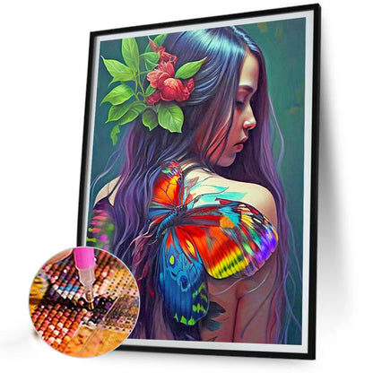 Girl With Painted Butterfly On Back - Full Round Drill Diamond Painting 50*60CM