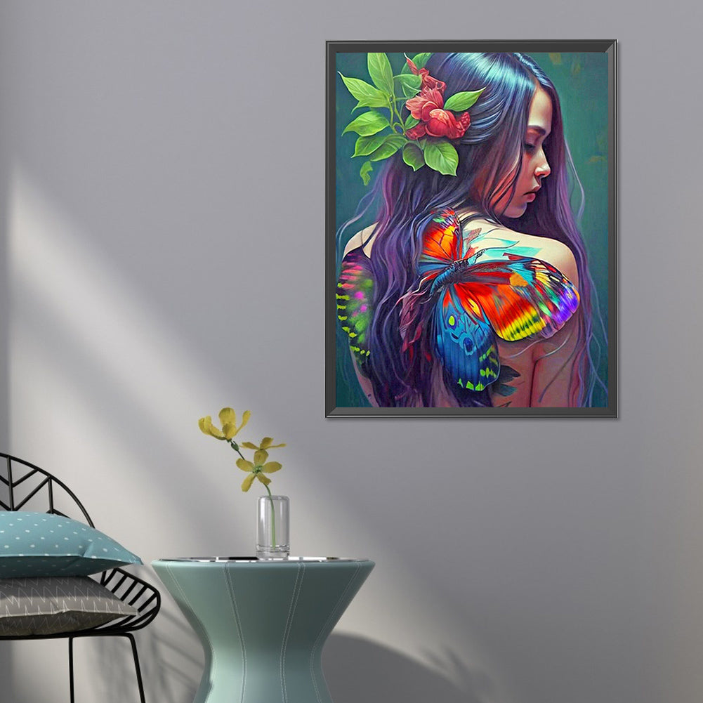 Girl With Painted Butterfly On Back - Full Round Drill Diamond Painting 50*60CM