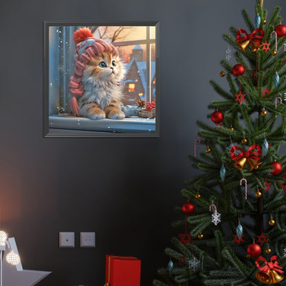 Christmas Snow Night Cat - Full Round Drill Diamond Painting 40*40CM