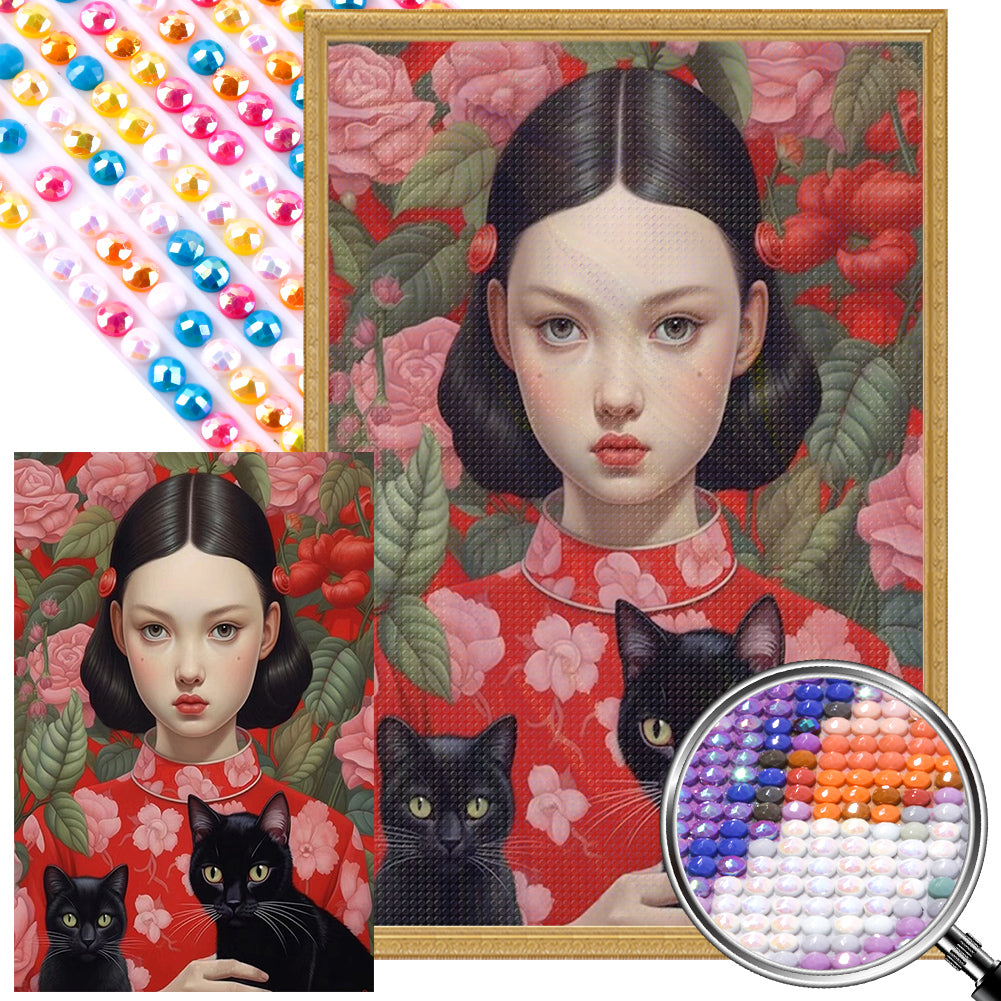 Brunette Girl And Cat - Full Round AB Drill Diamond Painting 40*60CM