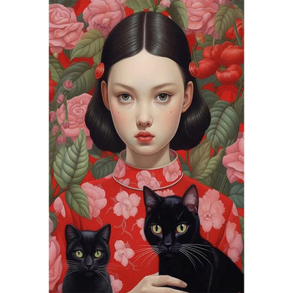 Brunette Girl And Cat - Full Round AB Drill Diamond Painting 40*60CM