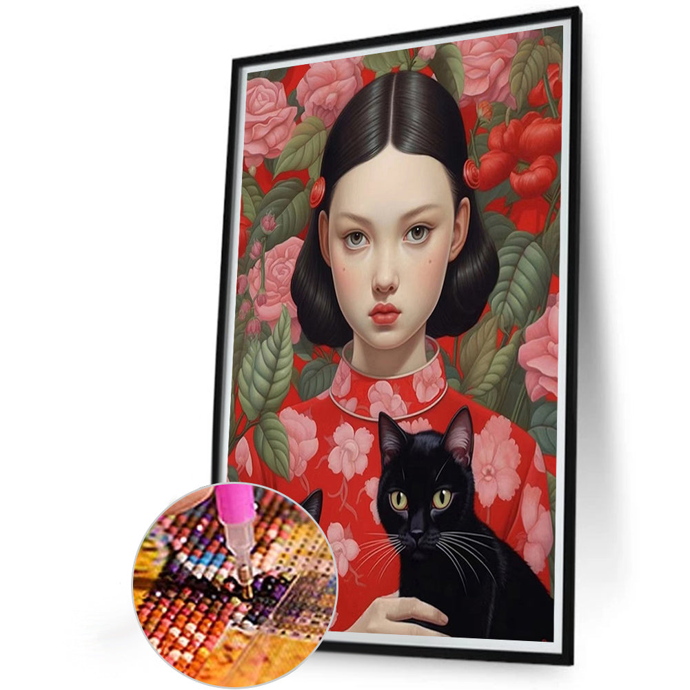 Brunette Girl And Cat - Full Round AB Drill Diamond Painting 40*60CM