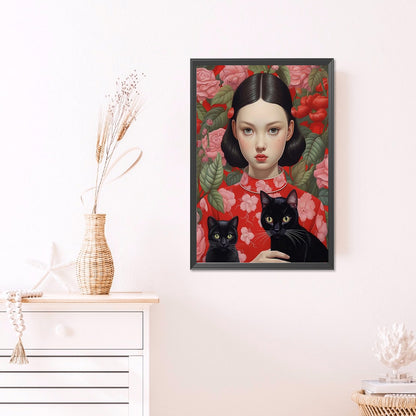 Brunette Girl And Cat - Full Round AB Drill Diamond Painting 40*60CM