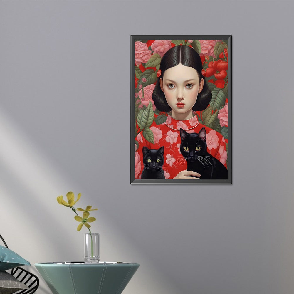 Brunette Girl And Cat - Full Round AB Drill Diamond Painting 40*60CM