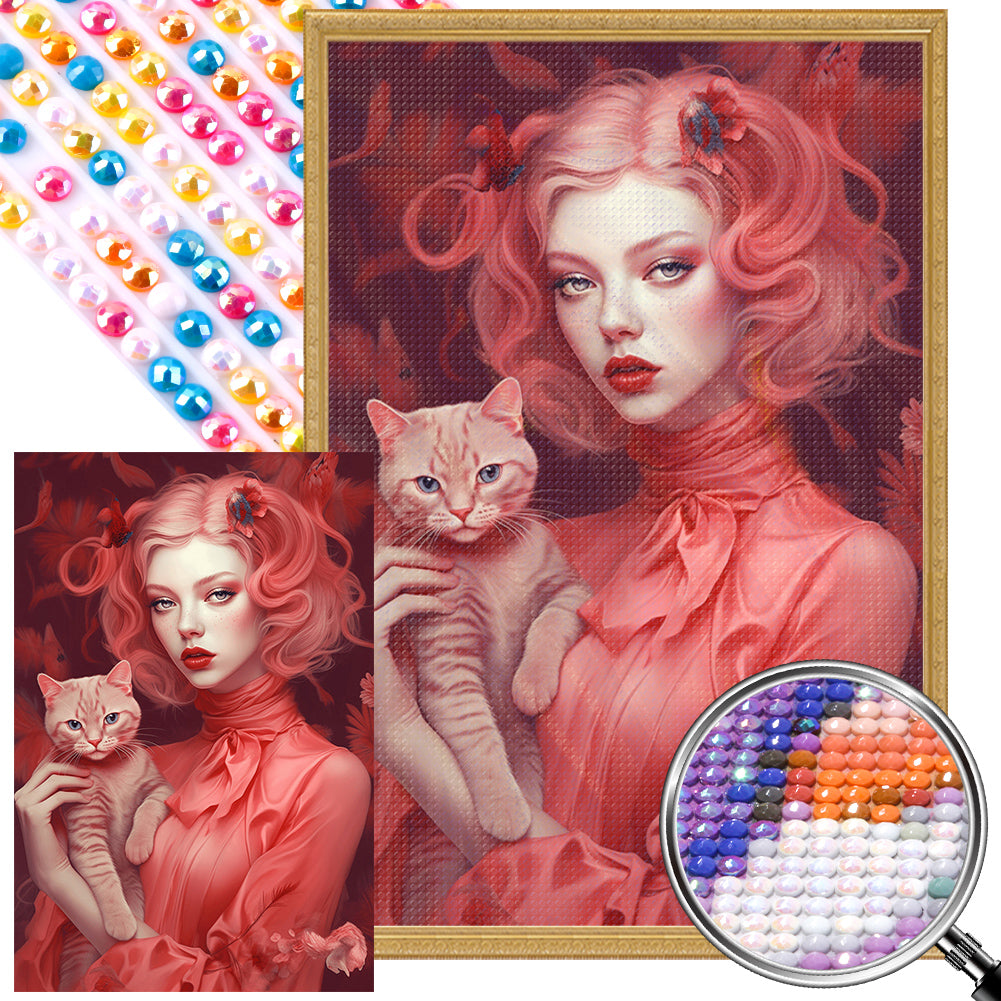 Red-Haired Woman With Cat - Full Round AB Drill Diamond Painting 40*60CM