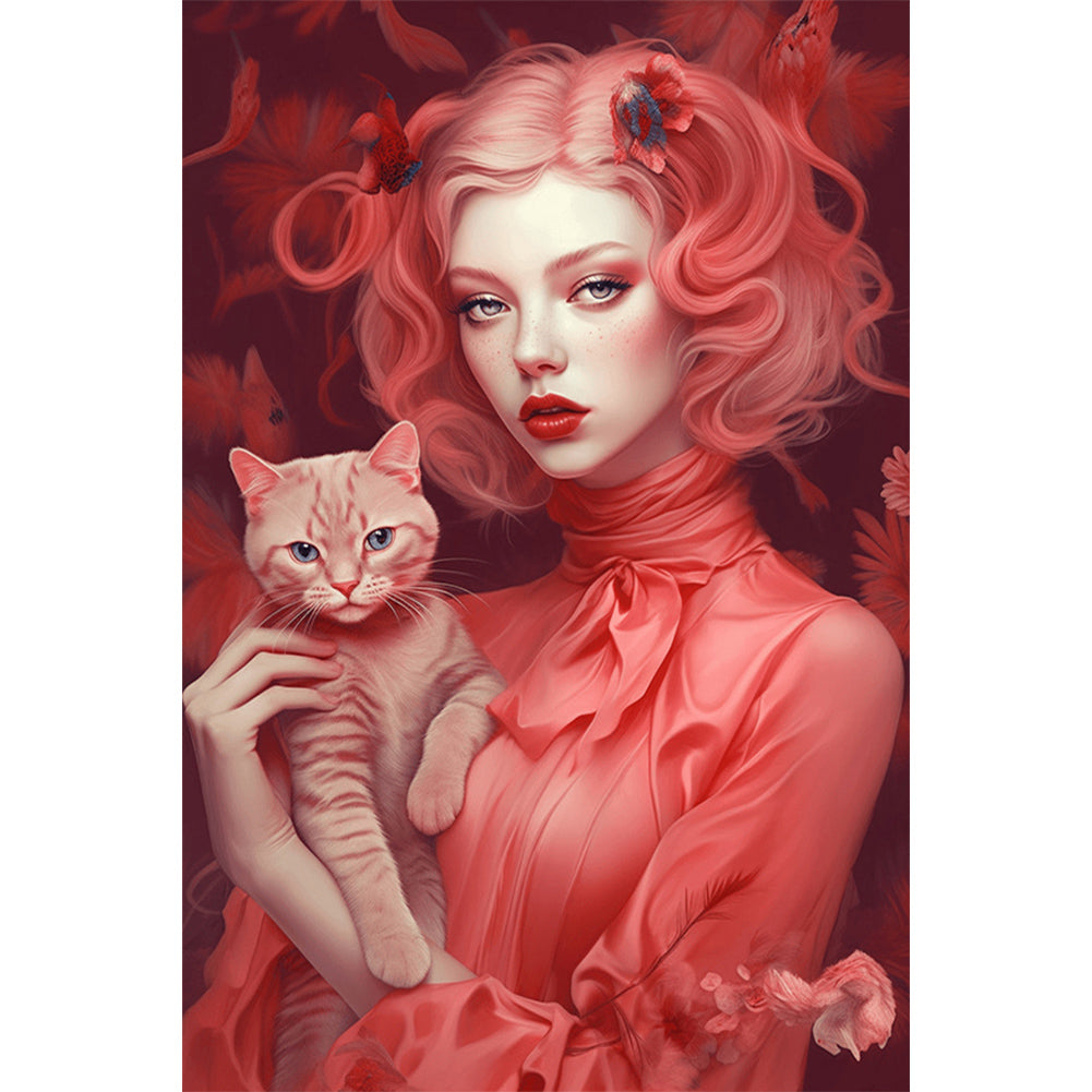 Red-Haired Woman With Cat - Full Round AB Drill Diamond Painting 40*60CM