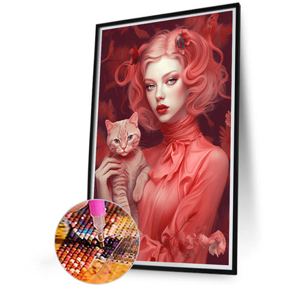 Red-Haired Woman With Cat - Full Round AB Drill Diamond Painting 40*60CM