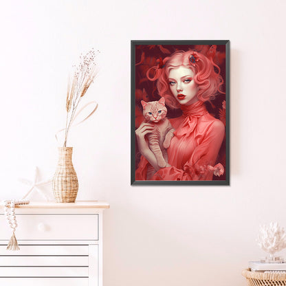 Red-Haired Woman With Cat - Full Round AB Drill Diamond Painting 40*60CM