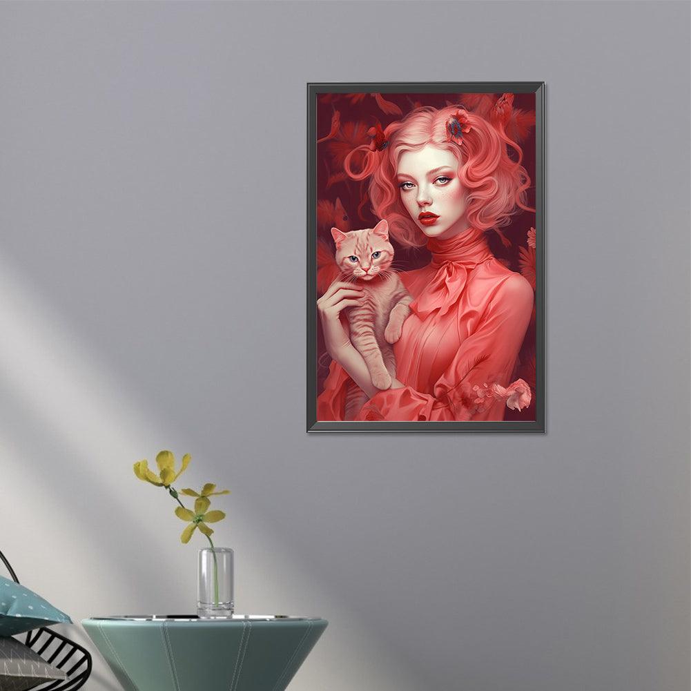 Red-Haired Woman With Cat - Full Round AB Drill Diamond Painting 40*60CM