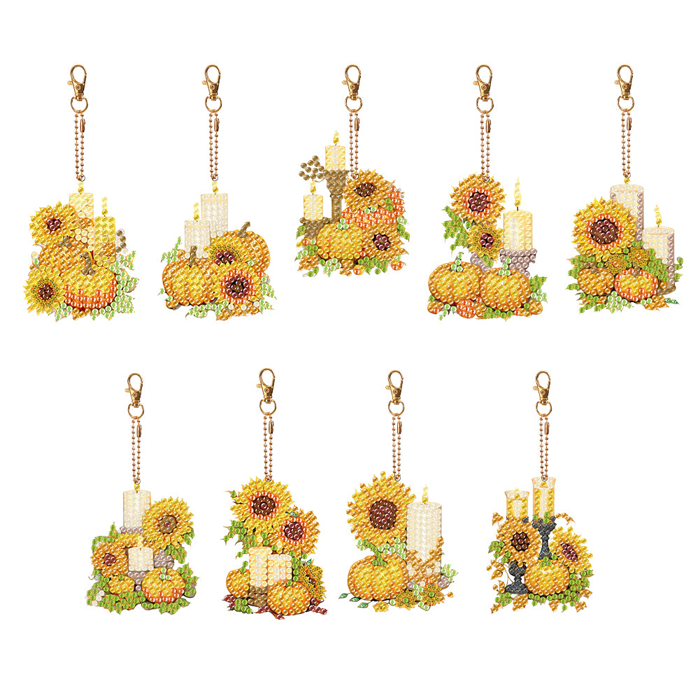 9PCS Double Sided Special Shape Diamond Art Keyring (Pumpkin Sunflower Candle)