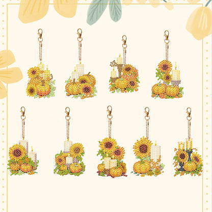 9PCS Double Sided Special Shape Diamond Art Keyring (Pumpkin Sunflower Candle)