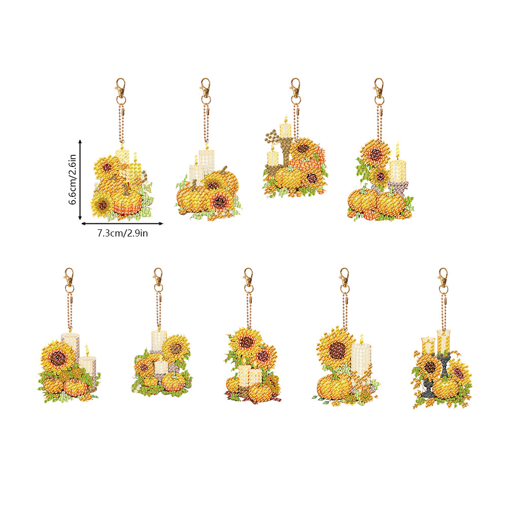 9PCS Double Sided Special Shape Diamond Art Keyring (Pumpkin Sunflower Candle)