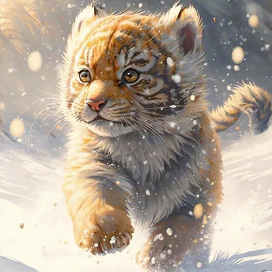Little Tiger Running In The Snow - Full Round Drill Diamond Painting 30*30CM