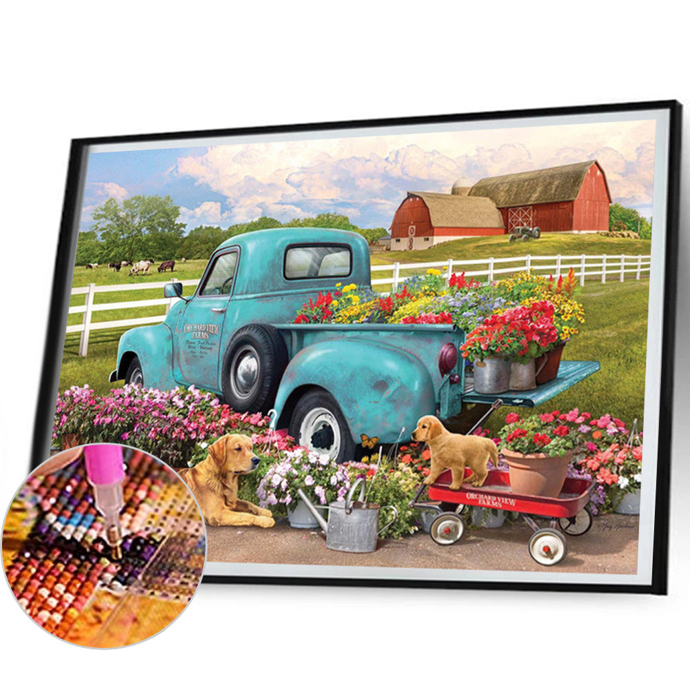 Flowers Vintage Car - Full Round Drill Diamond Painting 60*50CM