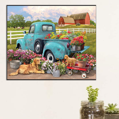 Flowers Vintage Car - Full Round Drill Diamond Painting 60*50CM