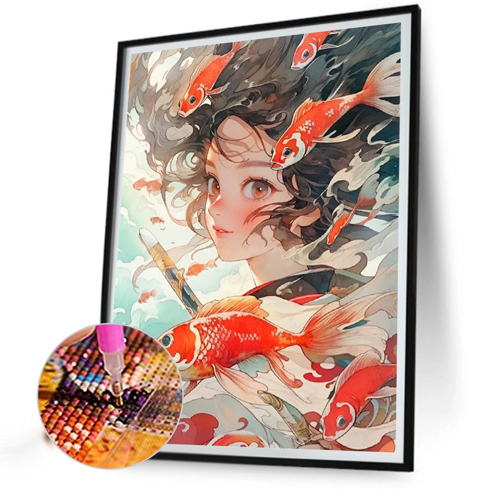 Girl And Goldfish - Full Round Drill Diamond Painting 40*50CM