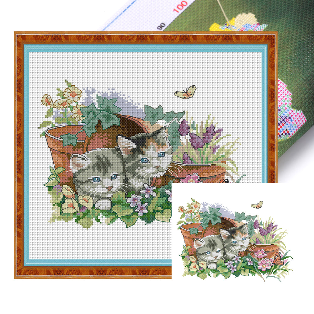 Four Seasons Kitten - 14CT Stamped Cross Stitch 31*26CM(Joy Sunday)