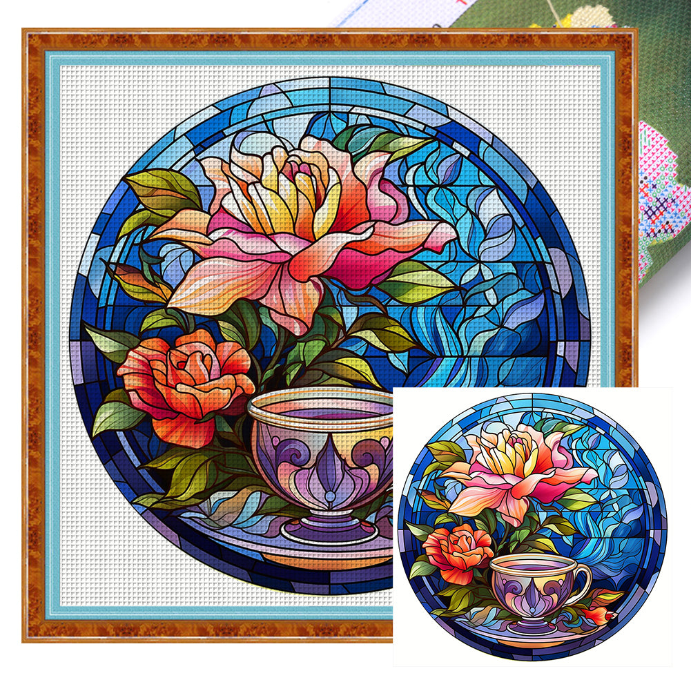 Glass Painting - Flowers And Tea Cup - 11CT Stamped Cross Stitch 40*40CM