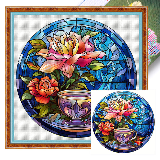 Glass Painting - Flowers And Tea Cup - 11CT Stamped Cross Stitch 40*40CM