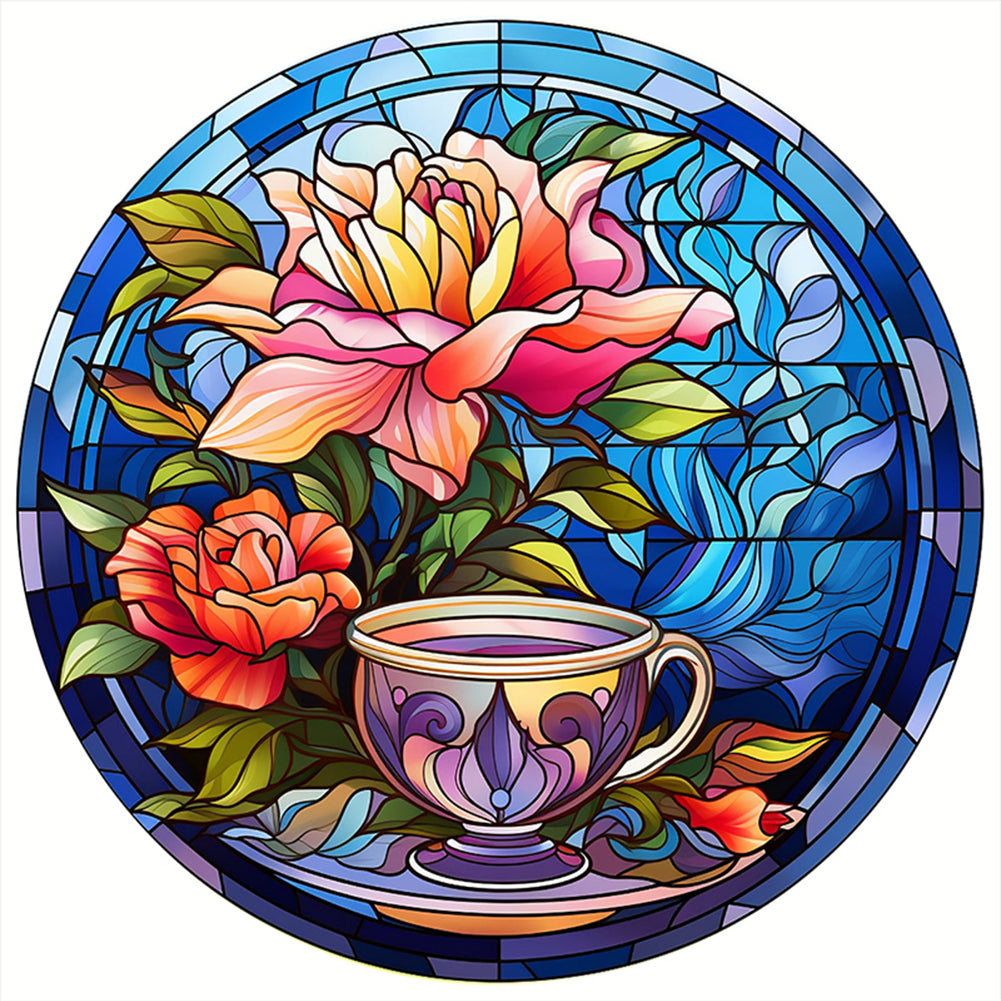 Glass Painting - Flowers And Tea Cup - 11CT Stamped Cross Stitch 40*40CM