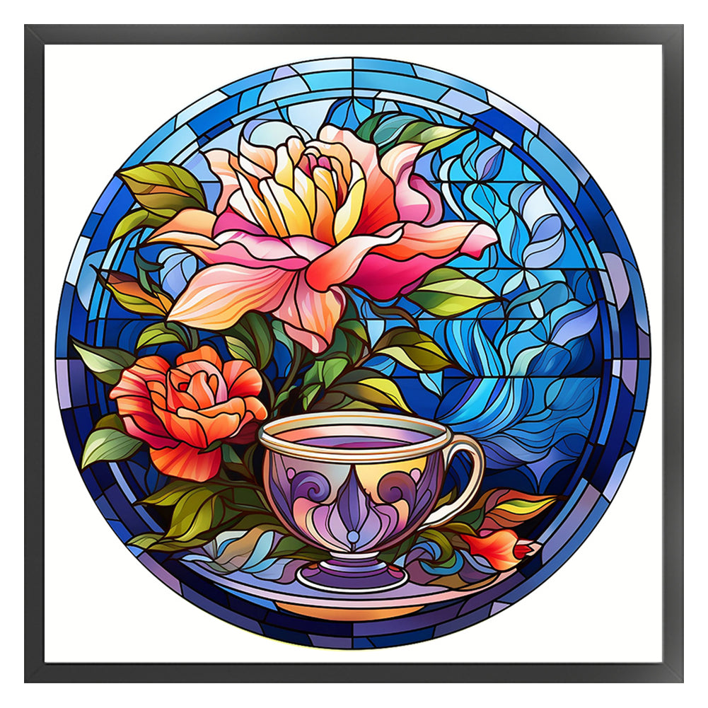 Glass Painting - Flowers And Tea Cup - 11CT Stamped Cross Stitch 40*40CM