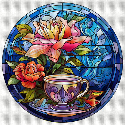 Glass Painting - Flowers And Tea Cup - 11CT Stamped Cross Stitch 40*40CM