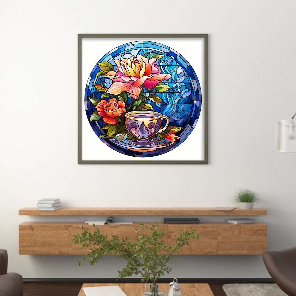 Glass Painting - Flowers And Tea Cup - 11CT Stamped Cross Stitch 40*40CM