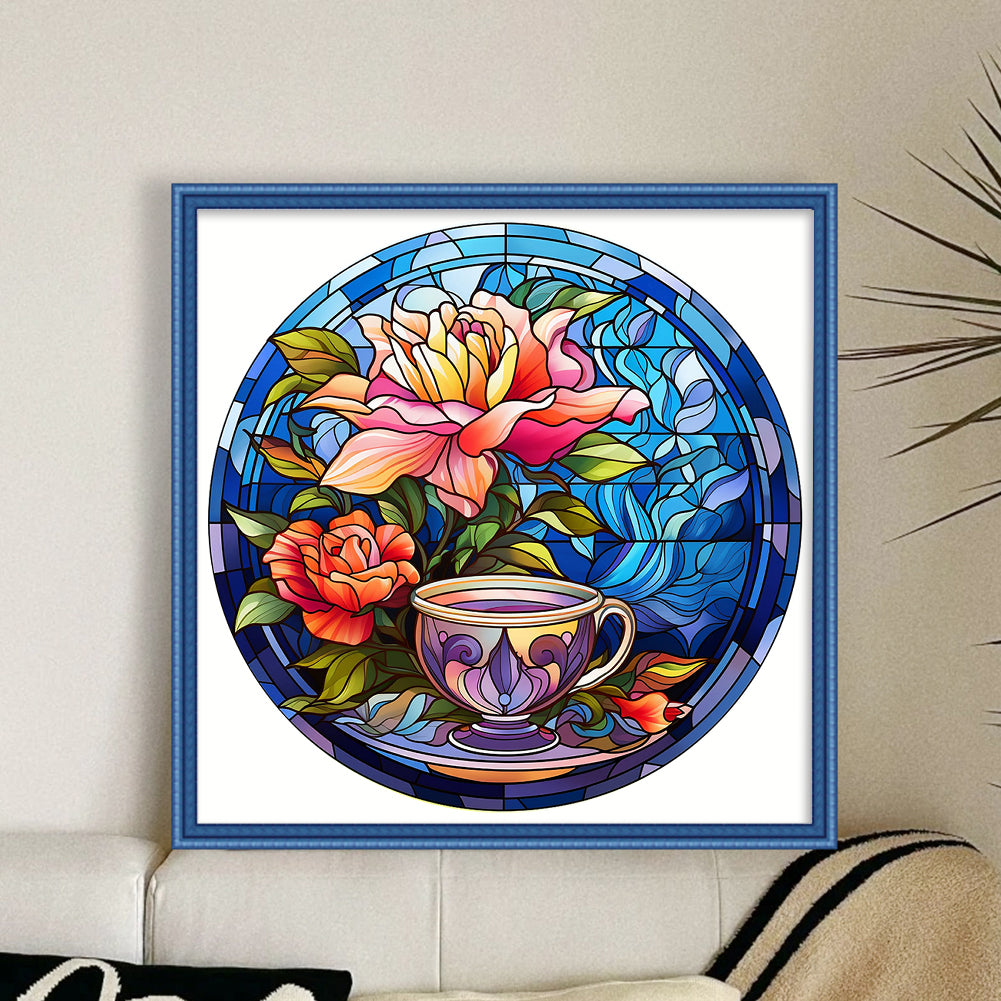 Glass Painting - Flowers And Tea Cup - 11CT Stamped Cross Stitch 40*40CM