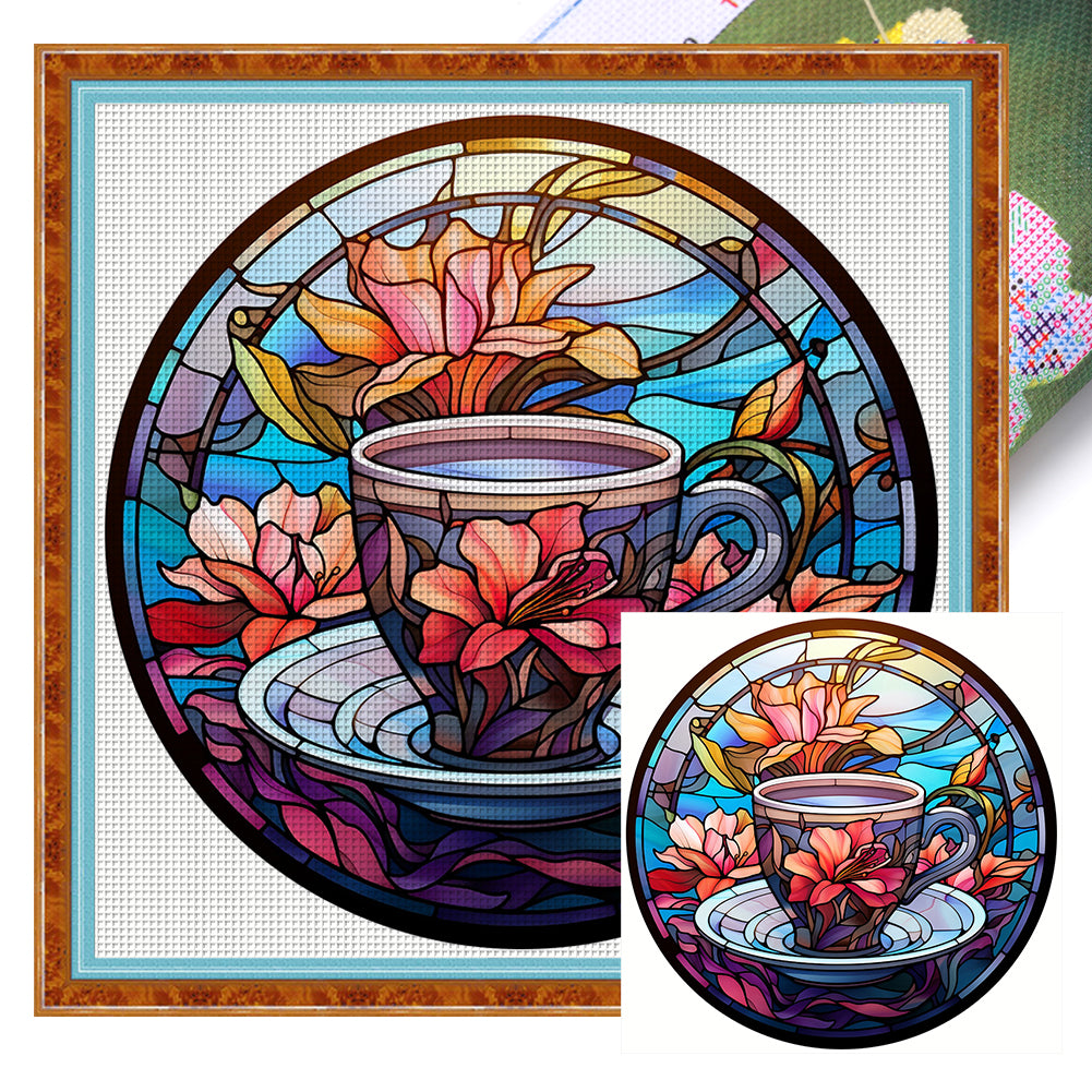 Glass Painting - Flowers And Tea Cup - 11CT Stamped Cross Stitch 40*40CM