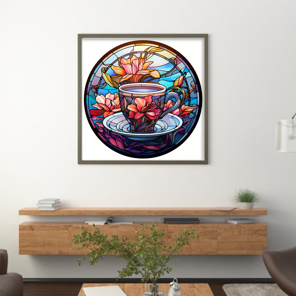 Glass Painting - Flowers And Tea Cup - 11CT Stamped Cross Stitch 40*40CM