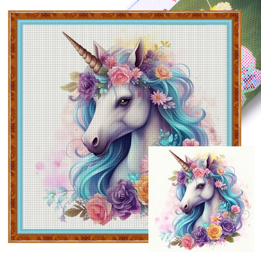 Flowers Unicorn - 14CT Stamped Cross Stitch 50*50CM