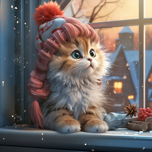 Winter Night Kitten - Full Round Drill Diamond Painting 40*40CM