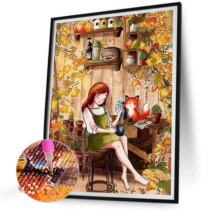 Autumn Girl And Fox - Full Round Drill Diamond Painting 40*50CM