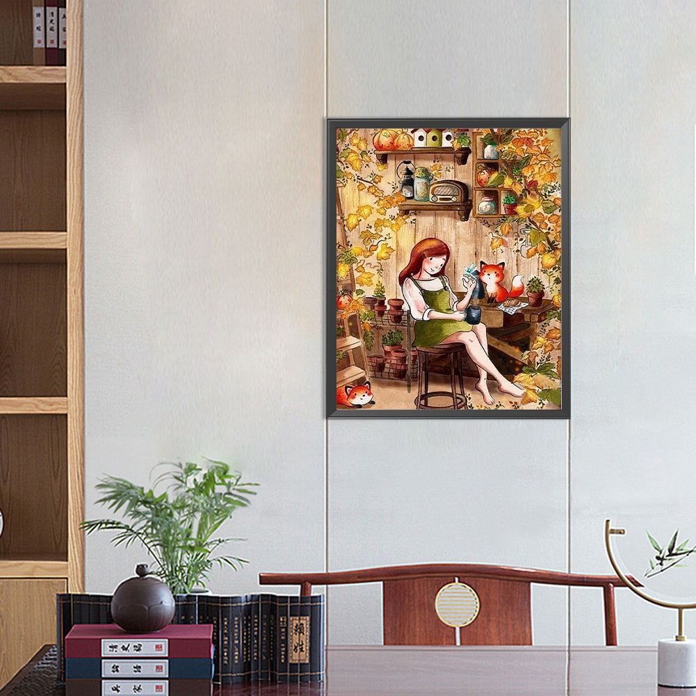 Autumn Girl And Fox - Full Round Drill Diamond Painting 40*50CM