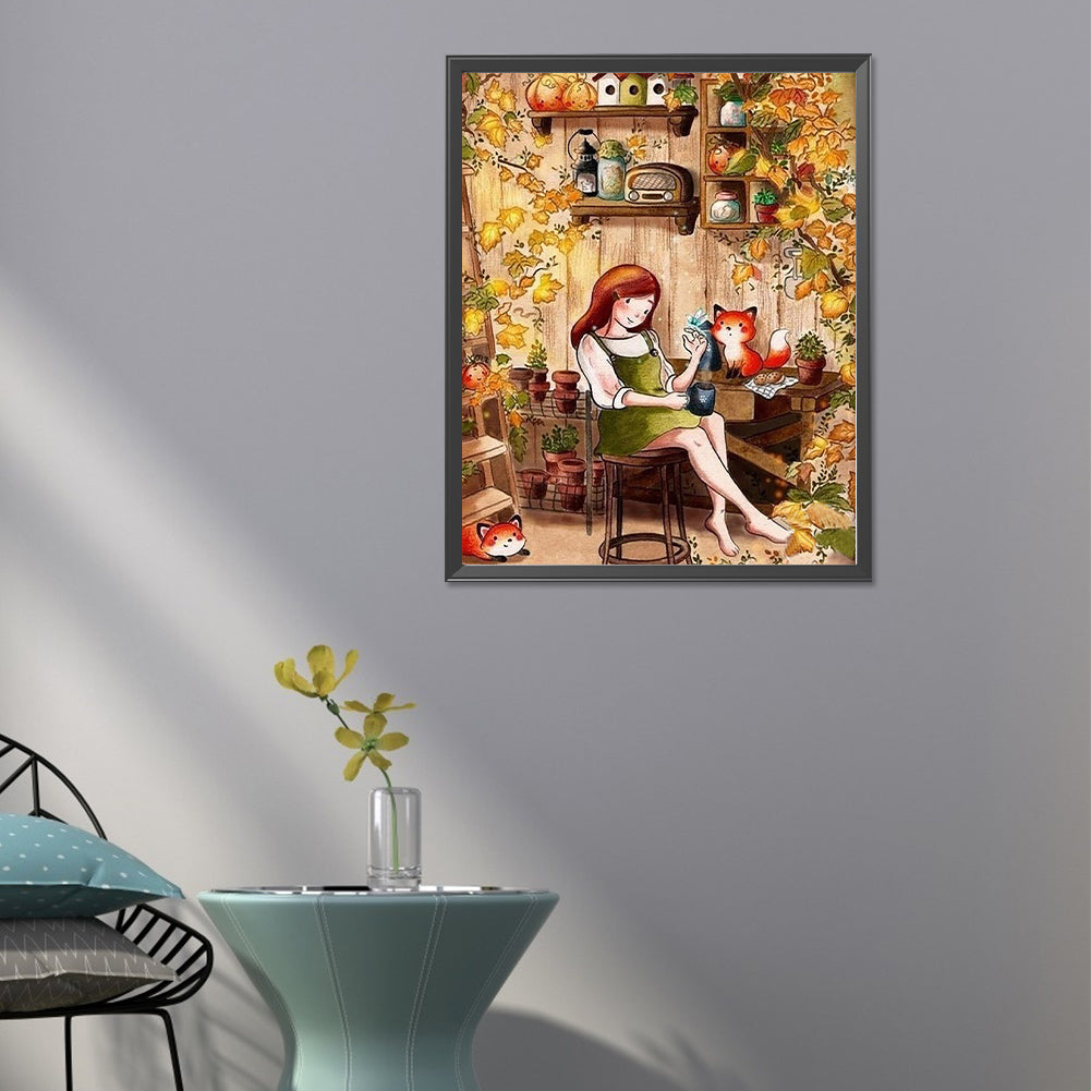 Autumn Girl And Fox - Full Round Drill Diamond Painting 40*50CM