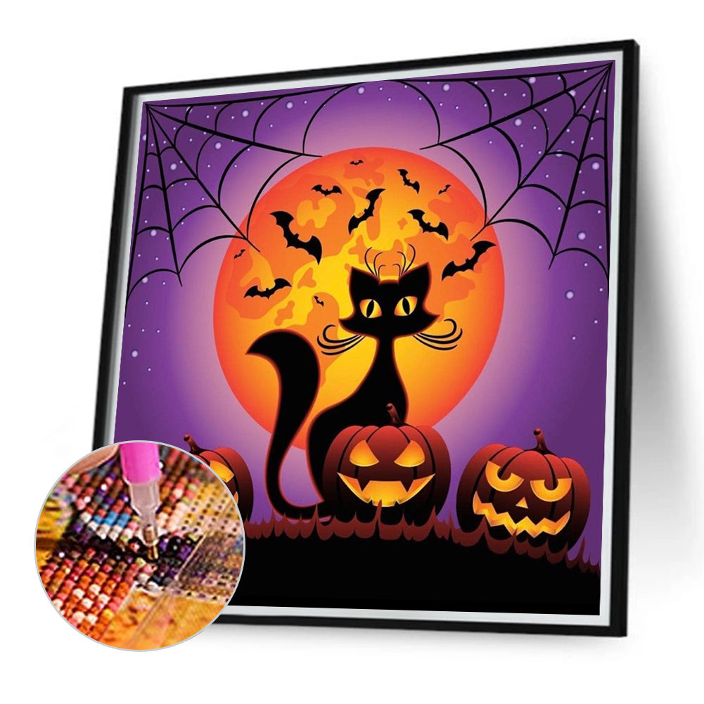 Halloween Pumpkin Black Cat - Full Round Drill Diamond Painting 40*40CM