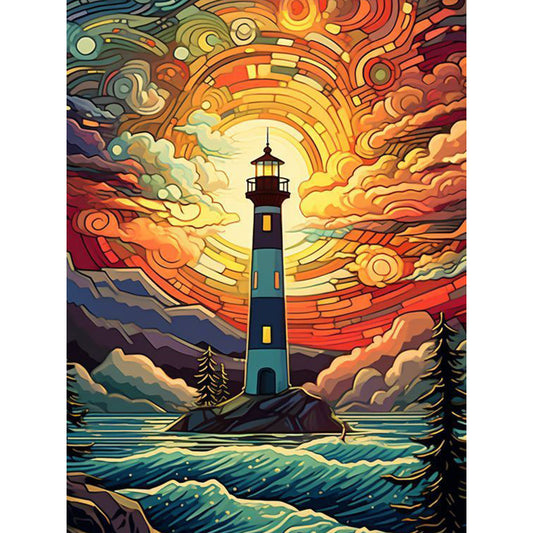 Sunset Seaside Lighthouse - Full Round Drill Diamond Painting 30*40CM