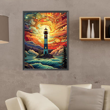 Sunset Seaside Lighthouse - Full Round Drill Diamond Painting 30*40CM