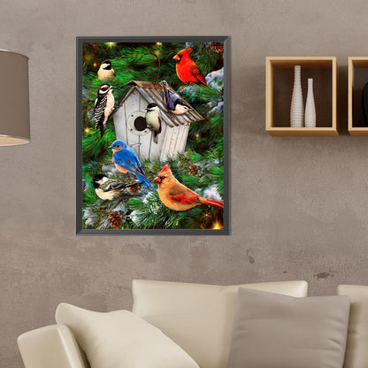 Bird House With Chirping Birds And Fragrant Flowers - Full Round Drill Diamond Painting 30*40CM