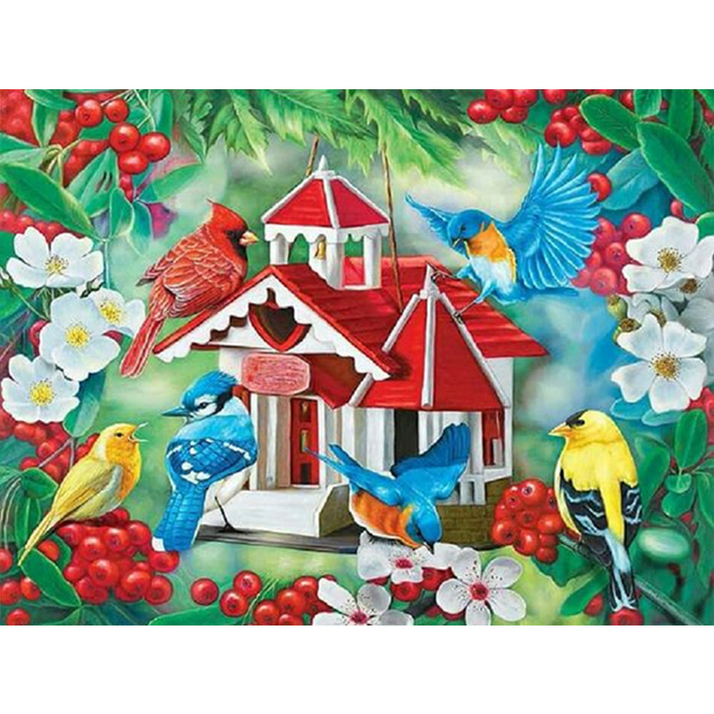 Bird House With Chirping Birds And Fragrant Flowers - Full Square Drill Diamond Painting 40*30CM